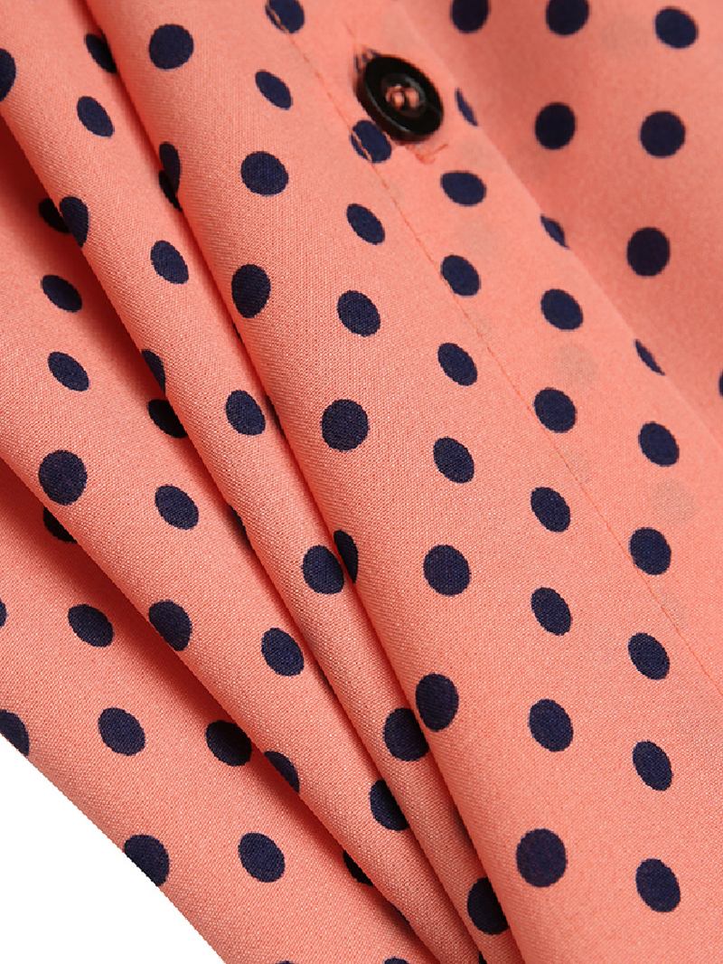 Polka Dot Volanger Trim Button Långärmad Bohemian Shirt Maxiklänning För Kvinnor