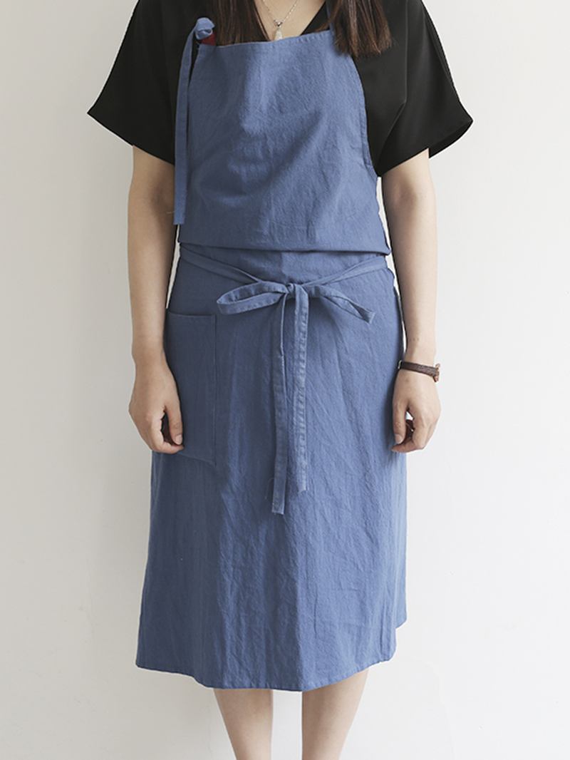 Japansk Enfärgad Linne Bomull Vintage Pinafore Klänning