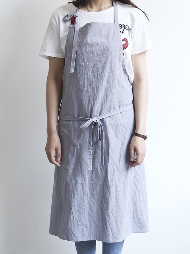 Japansk Enfärgad Linne Bomull Vintage Pinafore Klänning