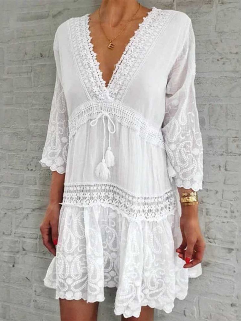 Kvinnor Blommor Med Tryck Plunge Tie Front 3/4 Sleeve Lace Mini Klänningar