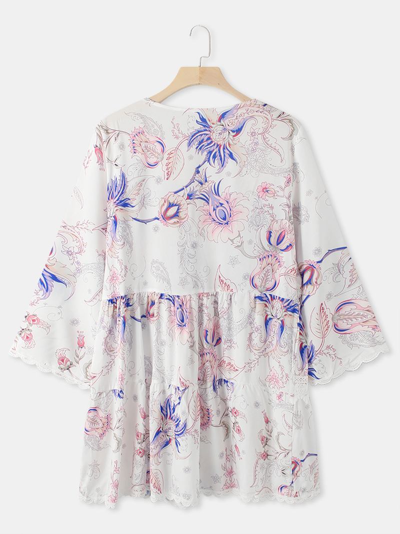 Kvinnor Blommor Med Tryck Plunge Tie Front 3/4 Sleeve Lace Mini Klänningar