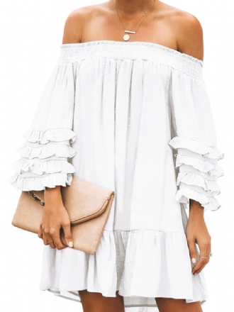 Off Shoulder Pleats Solida Casual Mini Klänningar För Kvinnor