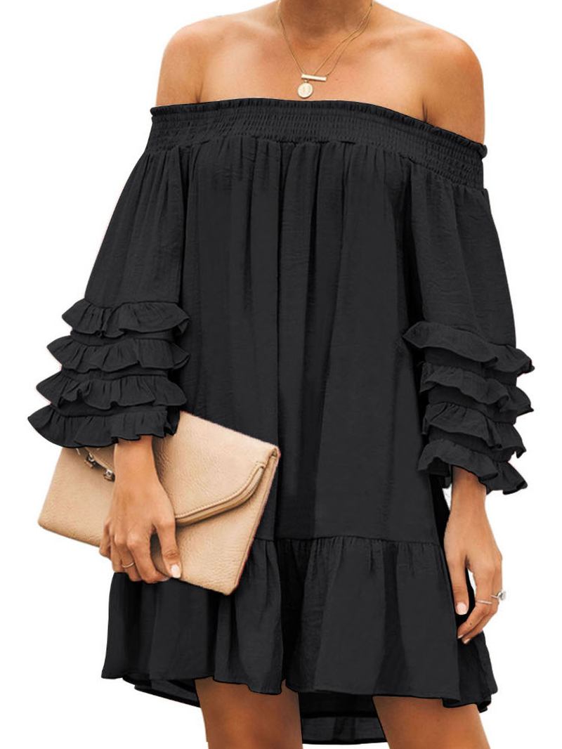 Off Shoulder Pleats Solida Casual Mini Klänningar För Kvinnor