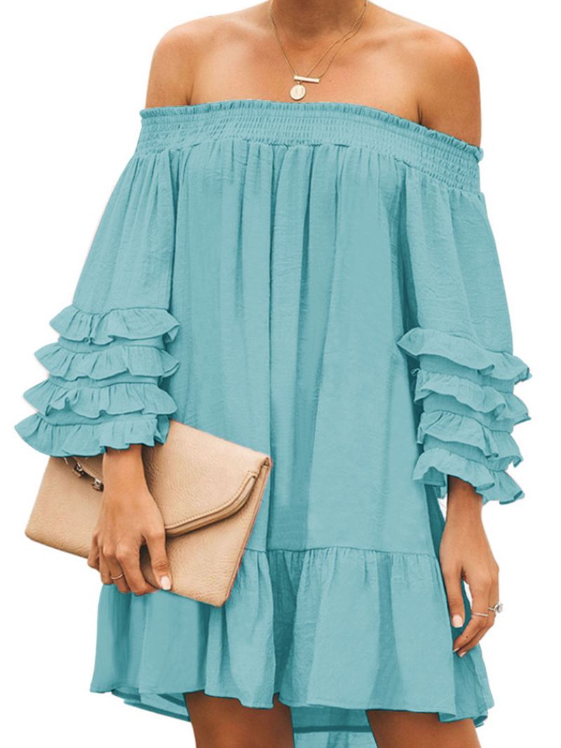 Off Shoulder Pleats Solida Casual Mini Klänningar För Kvinnor