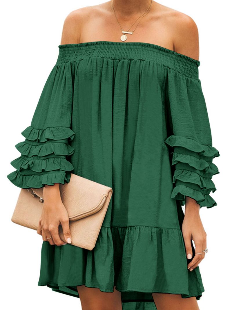 Off Shoulder Pleats Solida Casual Mini Klänningar För Kvinnor