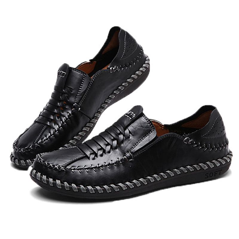 Män Äkta Läder Handsömmar Vävd Stil Oxfords Skor