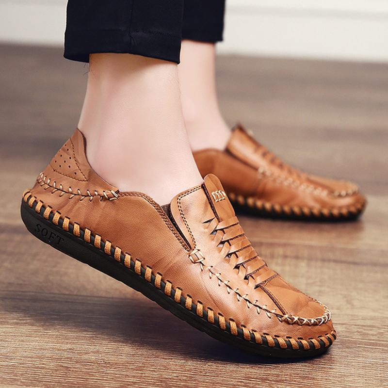 Män Äkta Läder Handsömmar Vävd Stil Oxfords Skor