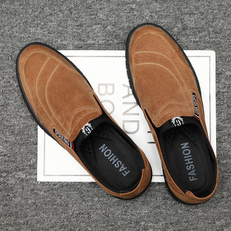 Män Grisskinn Lädersömmar Halkfri Rund Tå Lazy Slip-on Loafers Skor