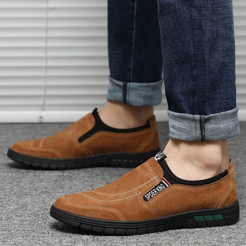 Män Grisskinn Lädersömmar Halkfri Rund Tå Lazy Slip-on Loafers Skor