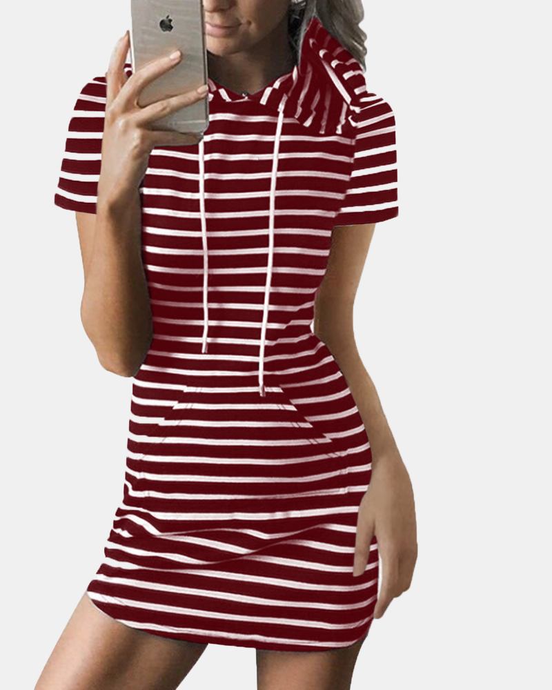 Randig Dragsko Kortärmad Casual Skjorta Pocket Dress