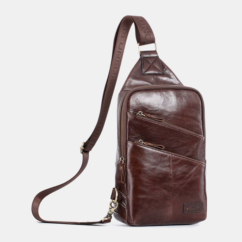 Män Äkta Läder Casual Solid Business Crossbody-väska Axelväska Bröstväska