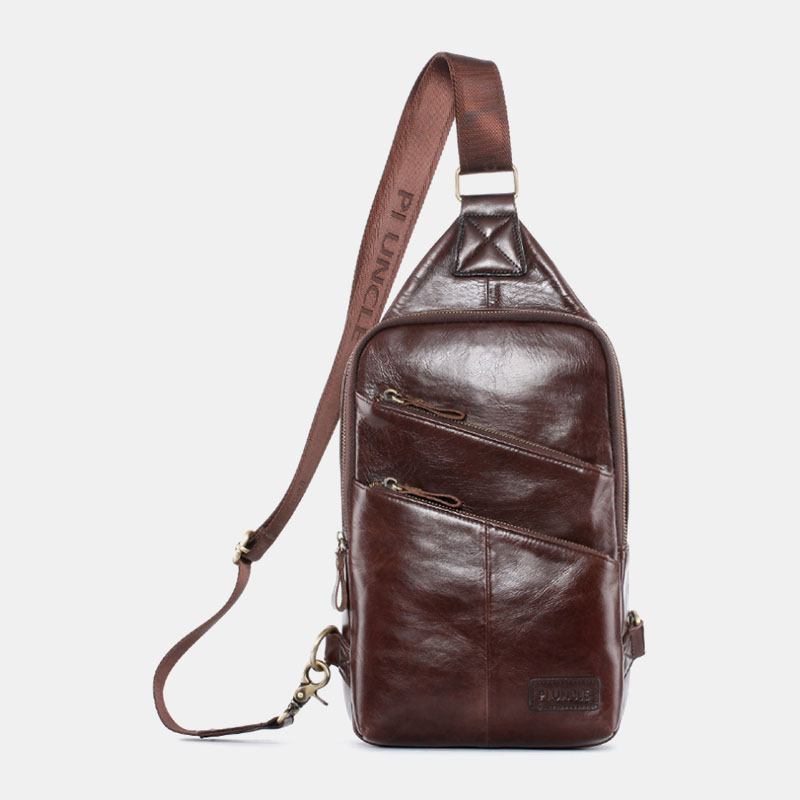 Män Äkta Läder Casual Solid Business Crossbody-väska Axelväska Bröstväska