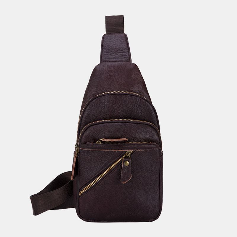 Män Äkta Läder Flerlager Lättvikt Crossbody-väska Chest Bag Sling Bag