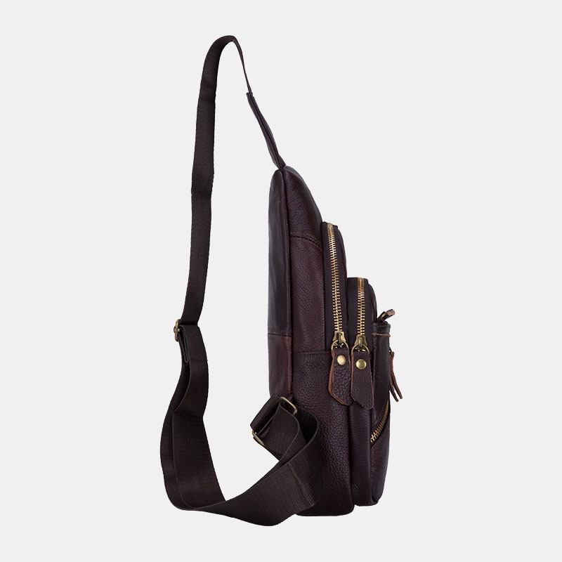 Män Äkta Läder Flerlager Lättvikt Crossbody-väska Chest Bag Sling Bag