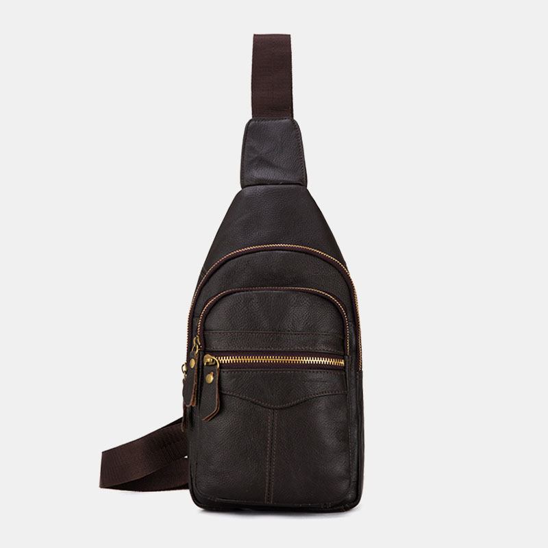 Män Äkta Läder Flerlager Vattentät Casual Crossbody-väska Bröstväska Sling Bag