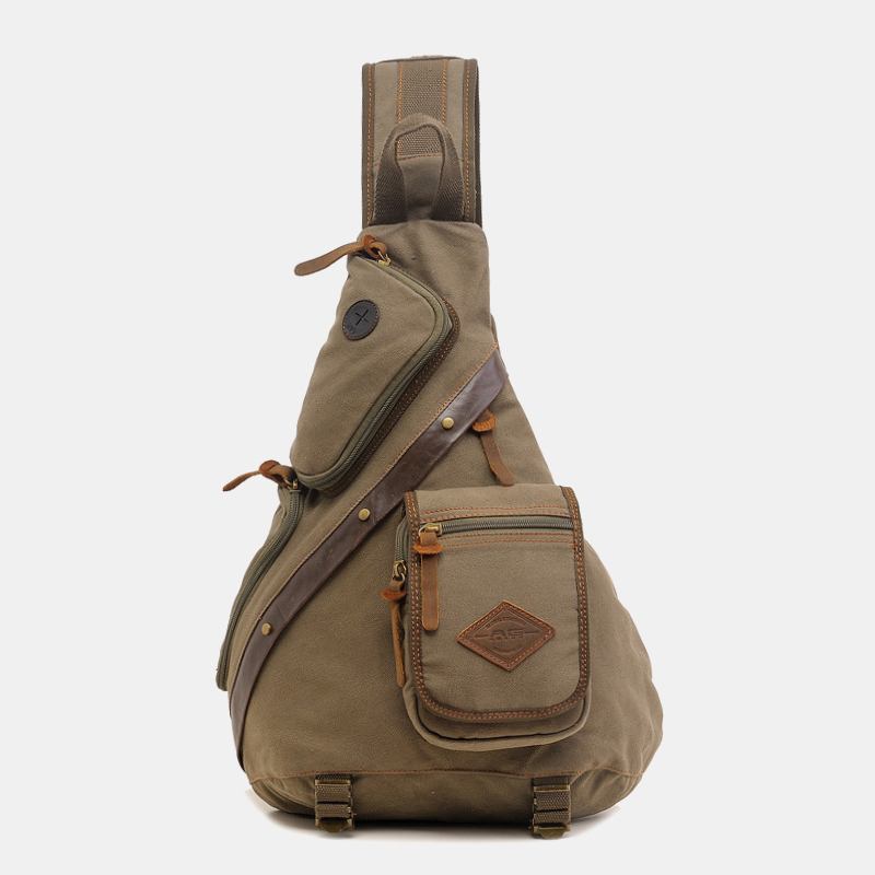 Män Äkta Läder Och Canvas Resor Utomhus Bärväska Multi-pocket Crossbody Väska Bröstväska