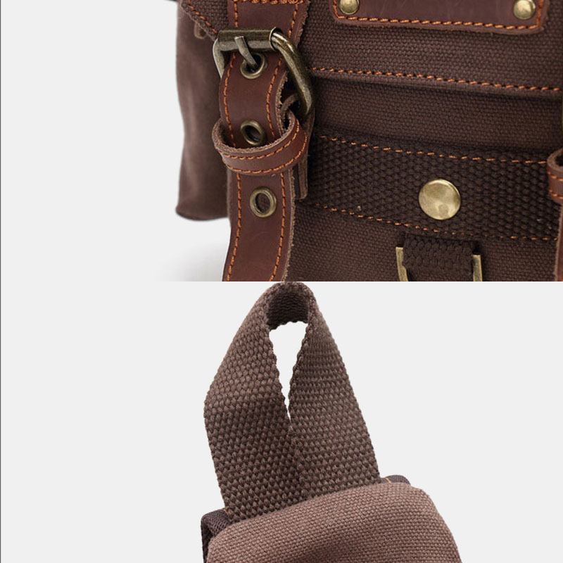 Män Äkta Läder Och Canvas Resor Utomhus Bärväska Personlig Crossbody Väska Bröstväska