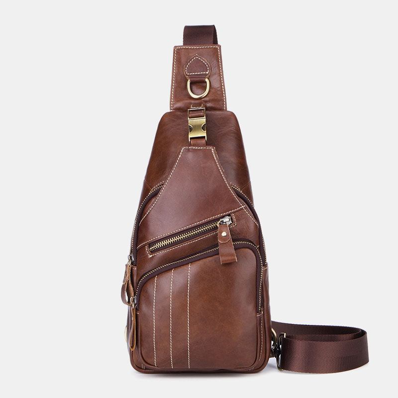 Män Äkta Läder Retro Business Casual Enfärgad Axelväska I Läder Crossbody-väska Bröstväska