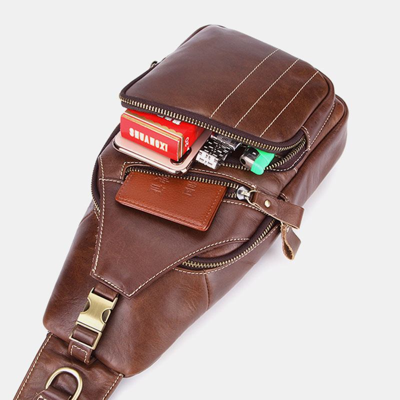 Män Äkta Läder Retro Business Casual Enfärgad Axelväska I Läder Crossbody-väska Bröstväska