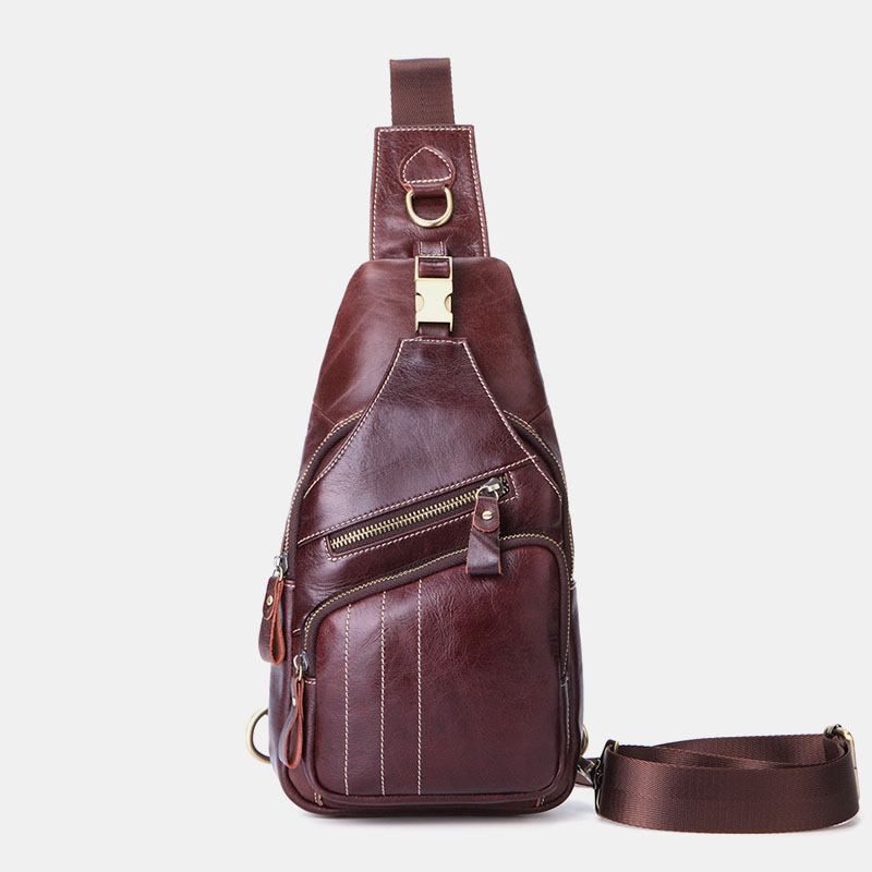 Män Äkta Läder Retro Business Casual Enfärgad Axelväska I Läder Crossbody-väska Bröstväska