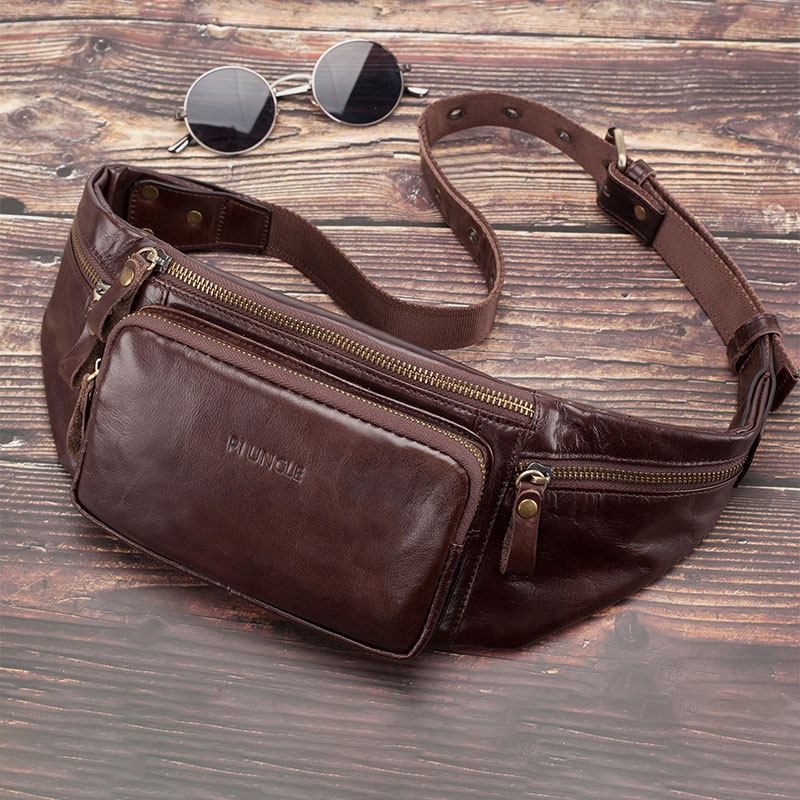 Män Äkta Läder Retro Sport Utomhus Multi-carry Bröstväska Sling Bag Crossbody Bag Midjeväska