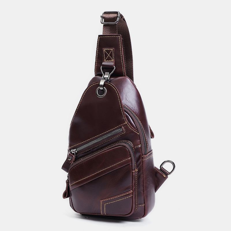 Män Äkta Läder Stor Kapacitet Utomhus Casual Bröstväska Cabriolet Axelrem Multi-pocket Axelväska Crossbody Väska