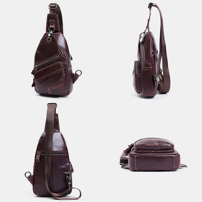 Män Äkta Läder Stor Kapacitet Utomhus Casual Bröstväska Cabriolet Axelrem Multi-pocket Axelväska Crossbody Väska