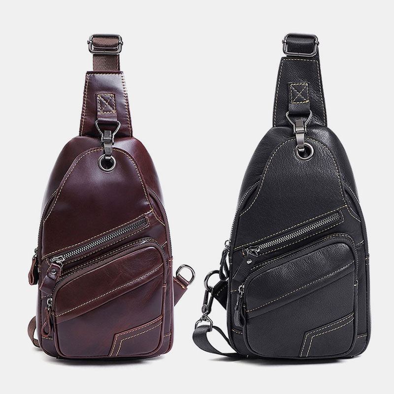 Män Äkta Läder Stor Kapacitet Utomhus Casual Bröstväska Cabriolet Axelrem Multi-pocket Axelväska Crossbody Väska