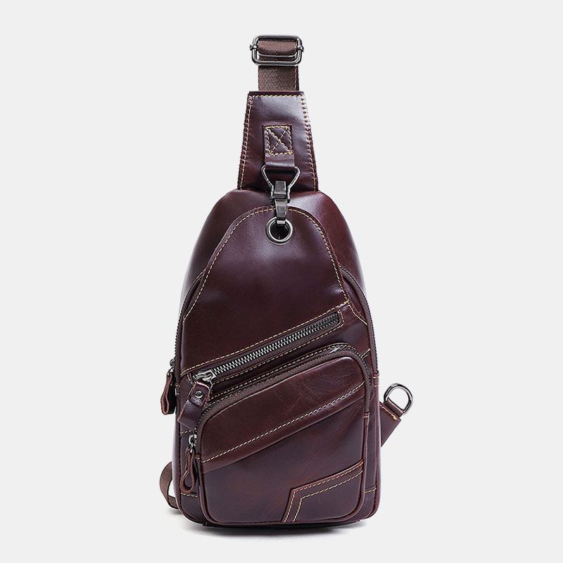 Män Äkta Läder Stor Kapacitet Utomhus Casual Bröstväska Cabriolet Axelrem Multi-pocket Axelväska Crossbody Väska