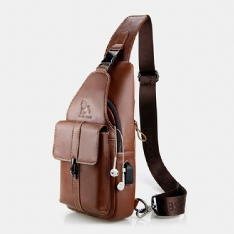 Män Äkta Läder Usb-laddning Retro Casual Kohud Bröstväska Sling Bag Crossbody-väska