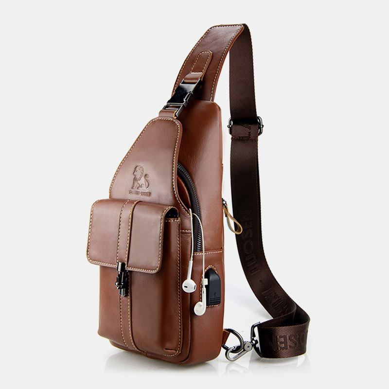 Män Äkta Läder Usb-laddning Retro Casual Kohud Bröstväska Sling Bag Crossbody-väska