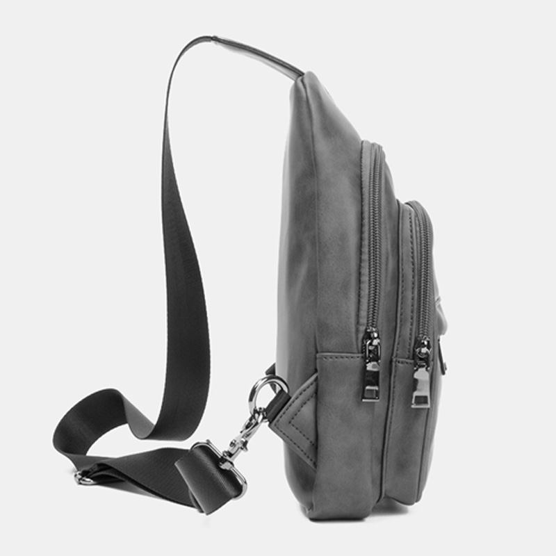 Män Enfärgad Hörlurshål Design Multi-pocket Bröstväska Casual Outdoor Pu Mjukt Läder Slitstarkt Crossbody Väskor Axelväska