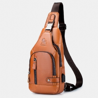 Män Kohud Multi-pocket Usb Laddning Bröstväska Outdoor Travel Anti-theft Crossbody Axelväska