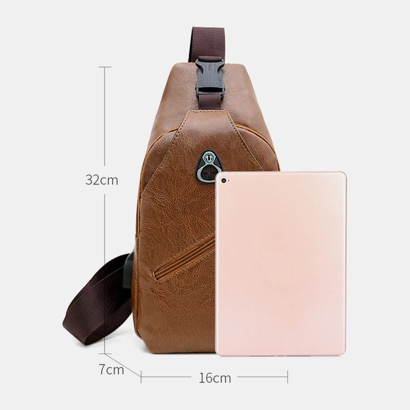 Män Konstläder Usb-laddningshörlurar Resor Retro Business Chest Bag Crossbody Bag