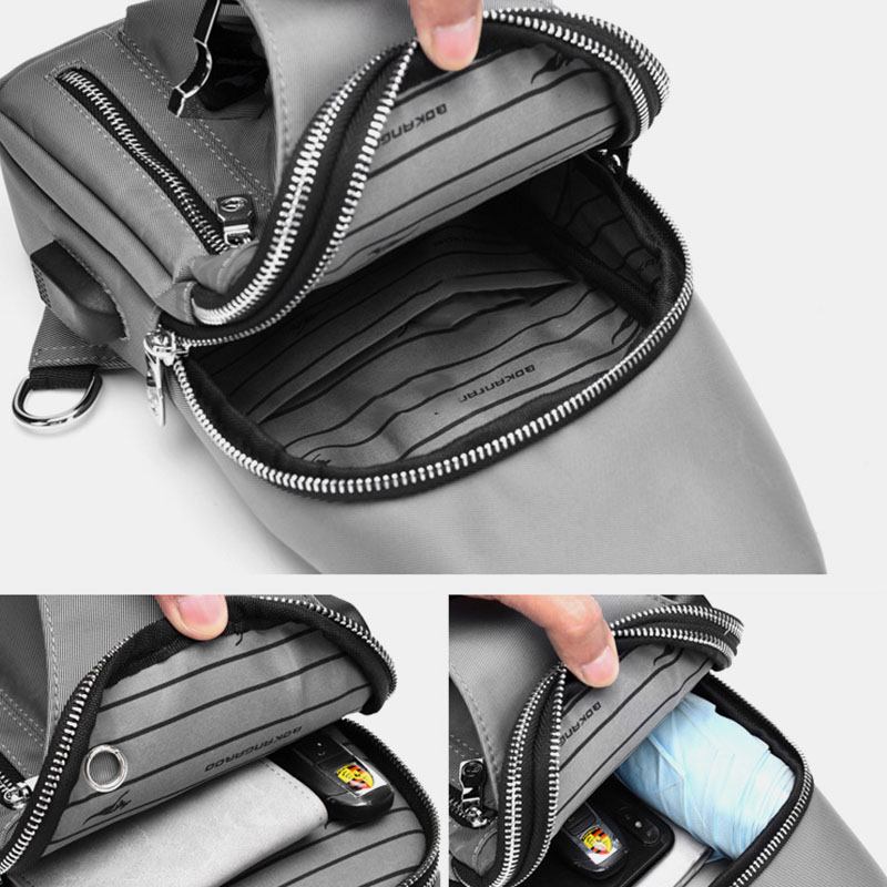 Män Oxford Usb Laddning Hörlurar Hål Design Bröstväska Multifunktion Multi-pocket Vattentät Crossbody Axelväska