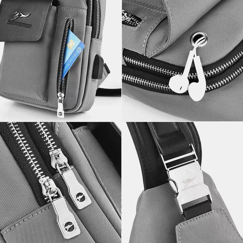 Män Oxford Usb Laddning Hörlurar Hål Design Bröstväska Multifunktion Multi-pocket Vattentät Crossbody Axelväska