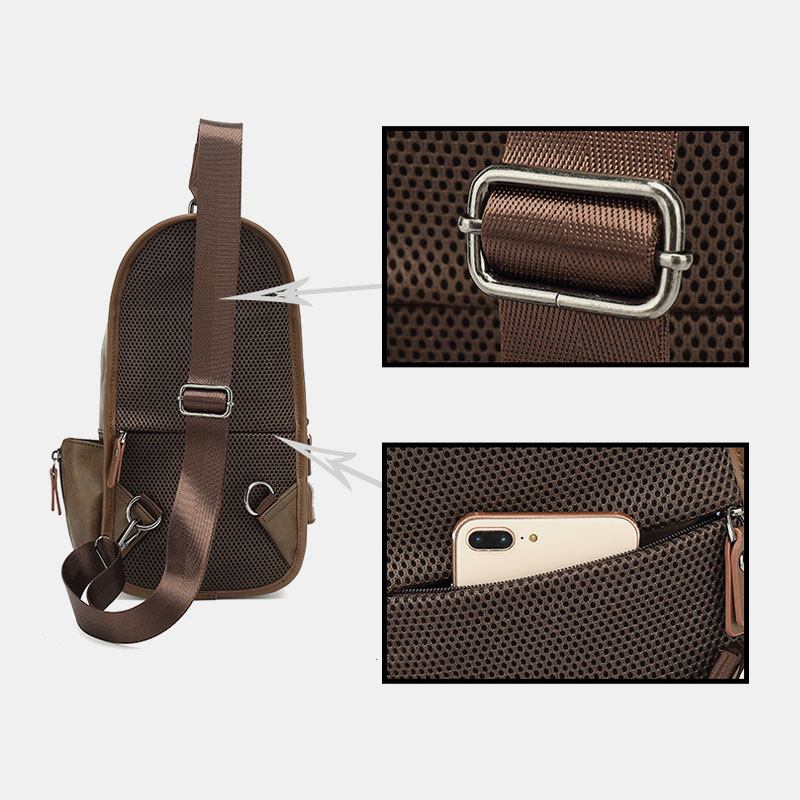 Män Pu-läder Vintage Multifunktionshörlurshål Usb-laddning Crossbody-väska Chest Bag Sling Bag