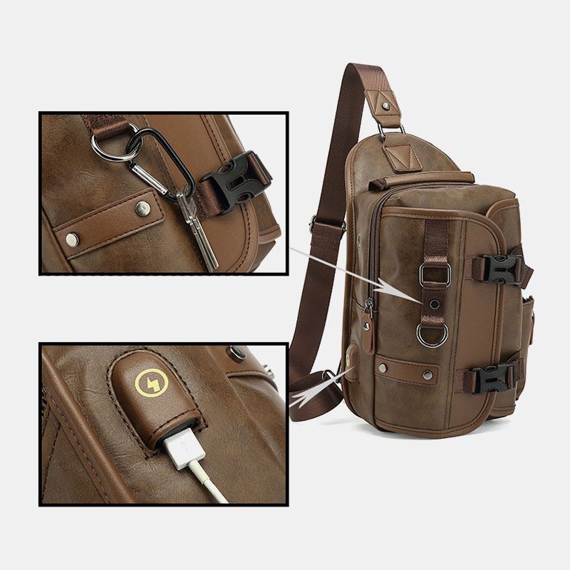 Män Pu-läder Vintage Multifunktionshörlurshål Usb-laddning Crossbody-väska Chest Bag Sling Bag