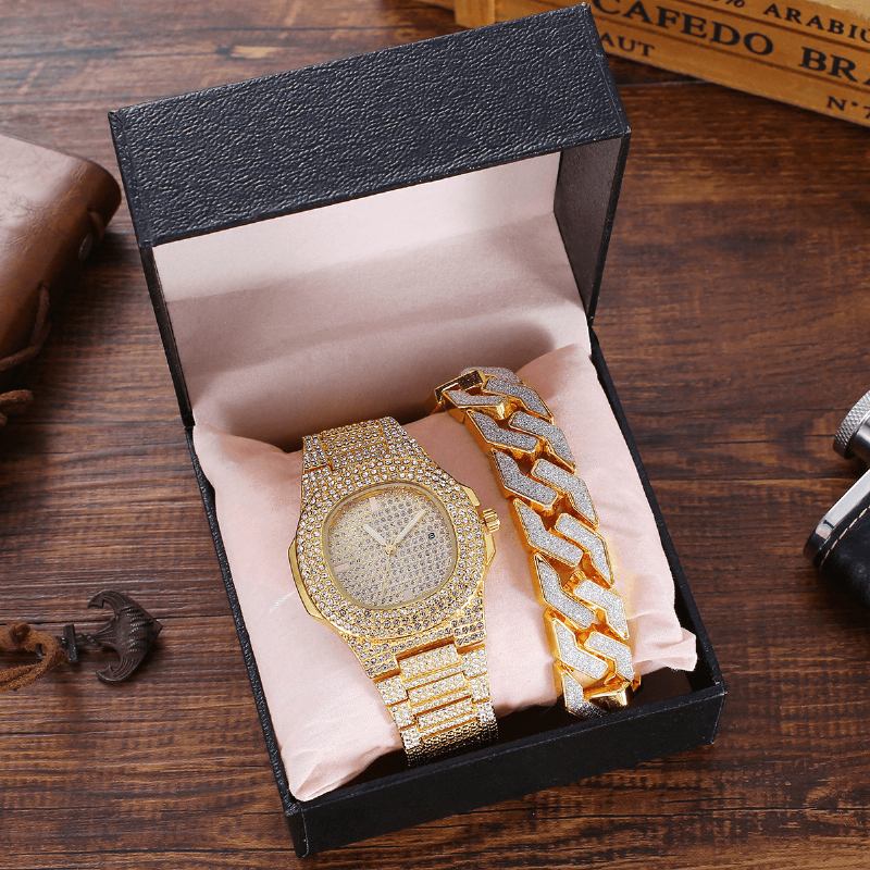 2st/set Lyxmode Kvinnor Armbandsur Set Bling Inlagd Rhinestone Quartz Watch Smycken Present