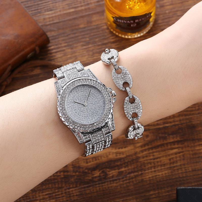 3st Full Diamond Stålband Hip Hop Temperament Quartz Watch Strass Armband Halsband Set