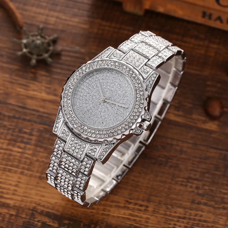 3st Full Diamond Stålband Hip Hop Temperament Quartz Watch Strass Armband Halsband Set