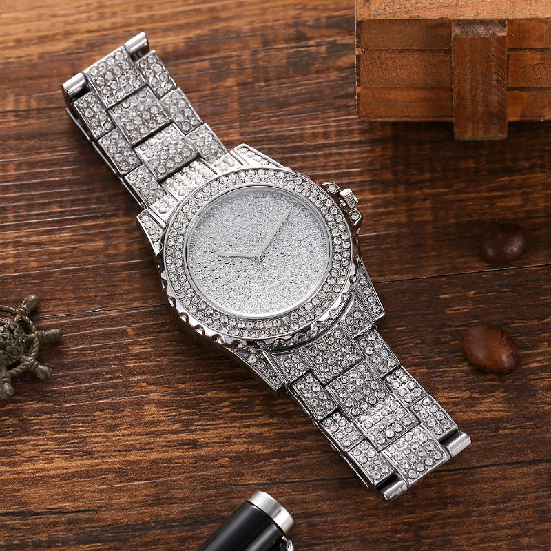 3st Full Diamond Stålband Hip Hop Temperament Quartz Watch Strass Armband Halsband Set