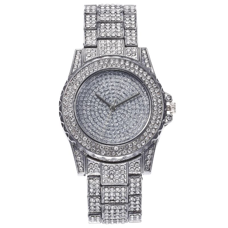 3st Full Diamond Stålband Hip Hop Temperament Quartz Watch Strass Armband Halsband Set