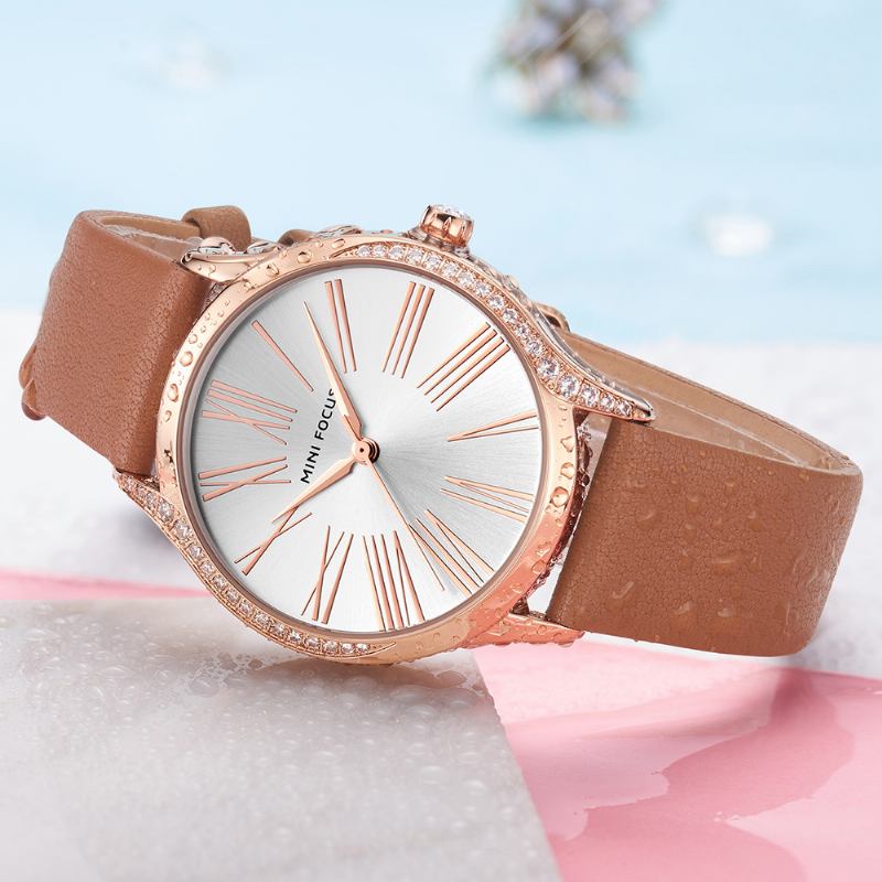 Casual Style Shining Dam Armbandsur Äkta Läderrem Quartz Watch