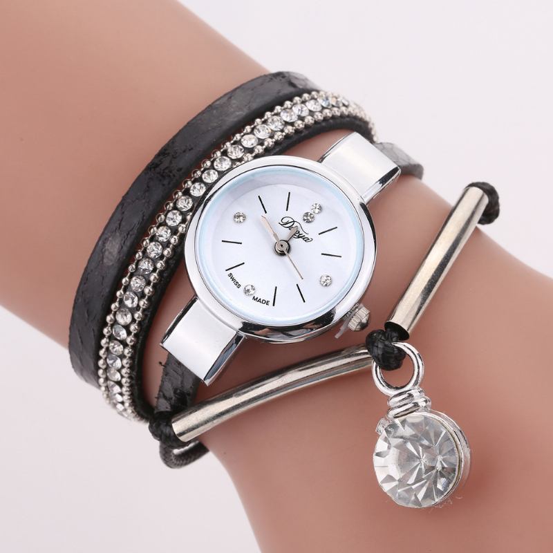 Crystal Hänge Dam Armband Watch Retro Style Läderrem Quartz Watch