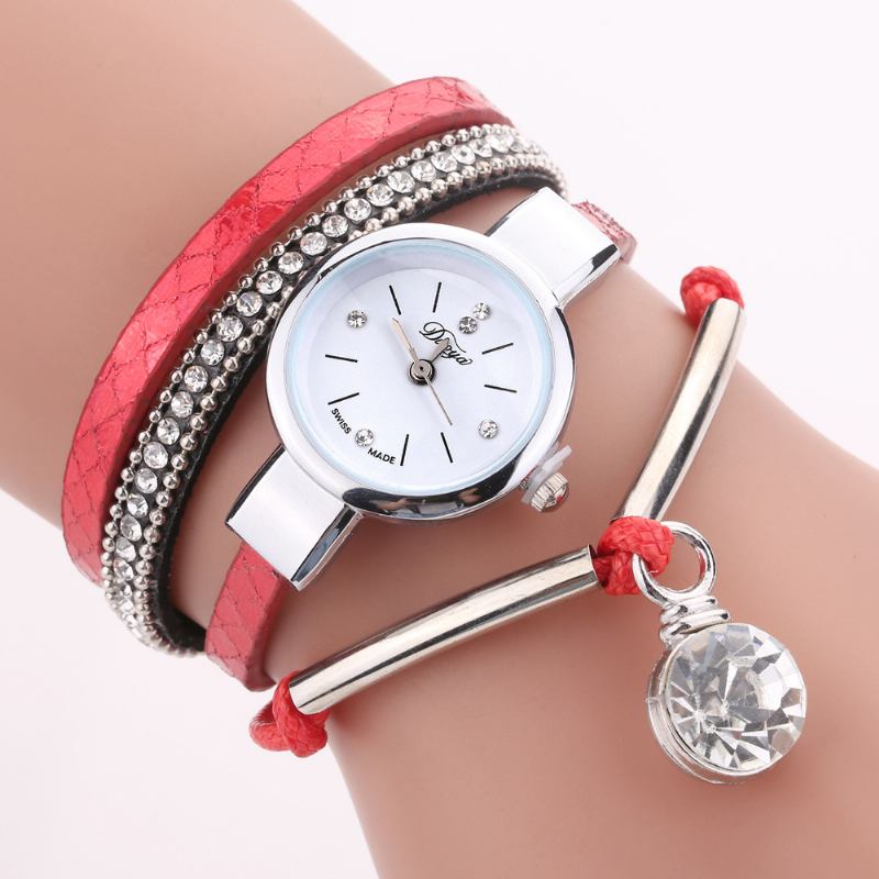 Crystal Hänge Dam Armband Watch Retro Style Läderrem Quartz Watch