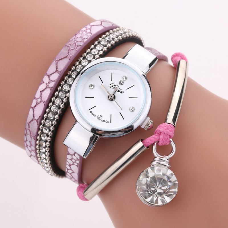 Crystal Hänge Dam Armband Watch Retro Style Läderrem Quartz Watch