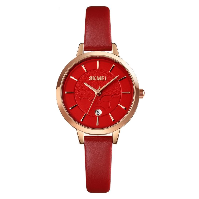 Enkel Damklocka Creative Dial Date Display Läderrem Mode Lady Quartz Watch