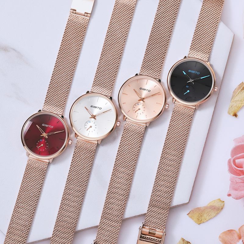 Enkel Designurtavla Med Två Stift Roséguld Mesh Stålband Mode Kvarts Quartz Watch