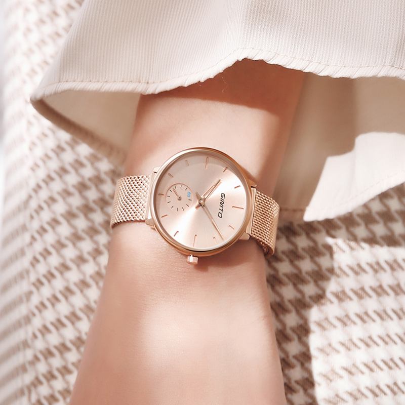 Enkel Designurtavla Med Två Stift Roséguld Mesh Stålband Mode Kvarts Quartz Watch